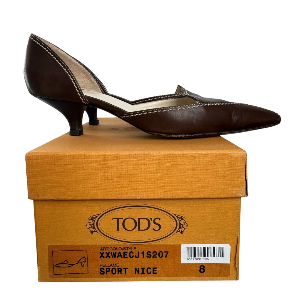 Y2K Tod’s Sport Nice Brown Leather D’Orsay Pointed Kitten Heel Pump Italy Size 8